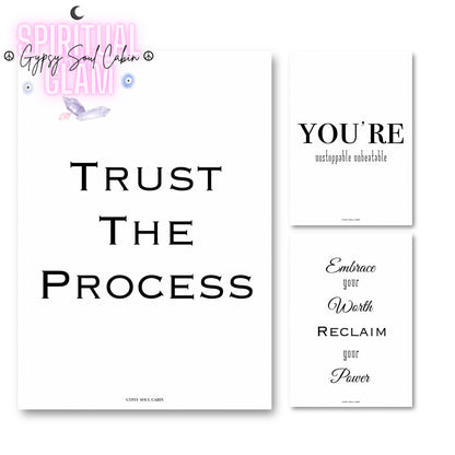 Set of three minimalist black and white A4 typography prints featuring the manifestation quotes Trust The Process, You Are Unstoppable Unbeatable, and Embrace Your Worth Reclaim Your Power.