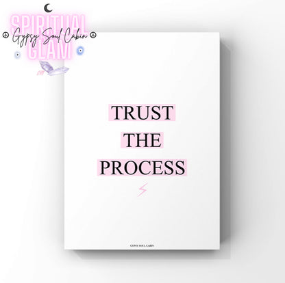 Minimalist motivation wall decor print featuring the quote "Trust The Process," with pink-highlighted text boxes and a tiny pink lightning-bolt icon at the bottom.wall-decor 