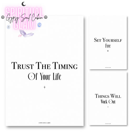 Set of three minimalist black and white typography prints featuring spiritual manifestation quotes and positive life reminders.
