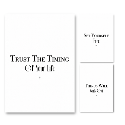 Set of three minimalist black and white typography prints featuring spiritual manifestation quotes and positive life reminders.