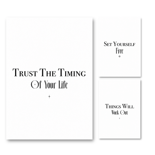 Set of three minimalist black and white typography prints featuring spiritual manifestation quotes and positive life reminders.