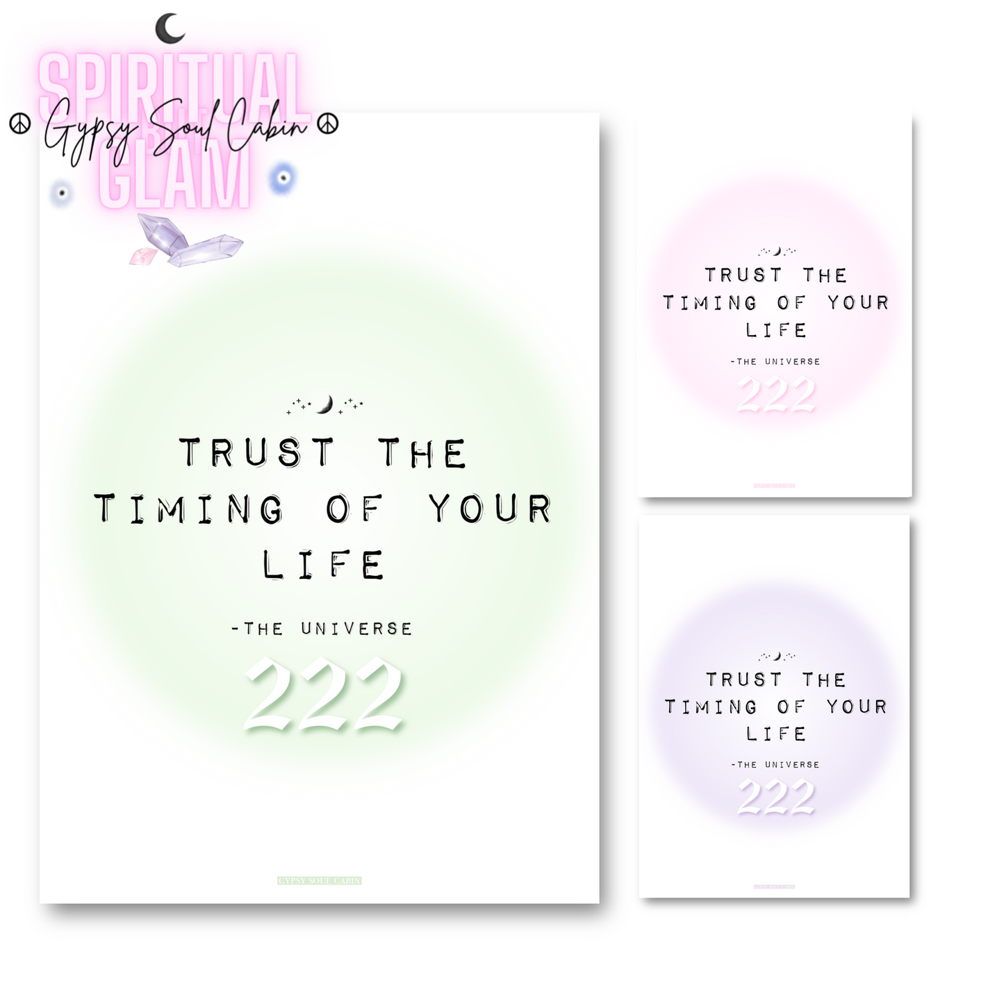 Main product preview on Gypsy Soul Cabin showing the green gradient version of the Trust The Timing Of Your Life 222 angel number print next to pink and purple variants.