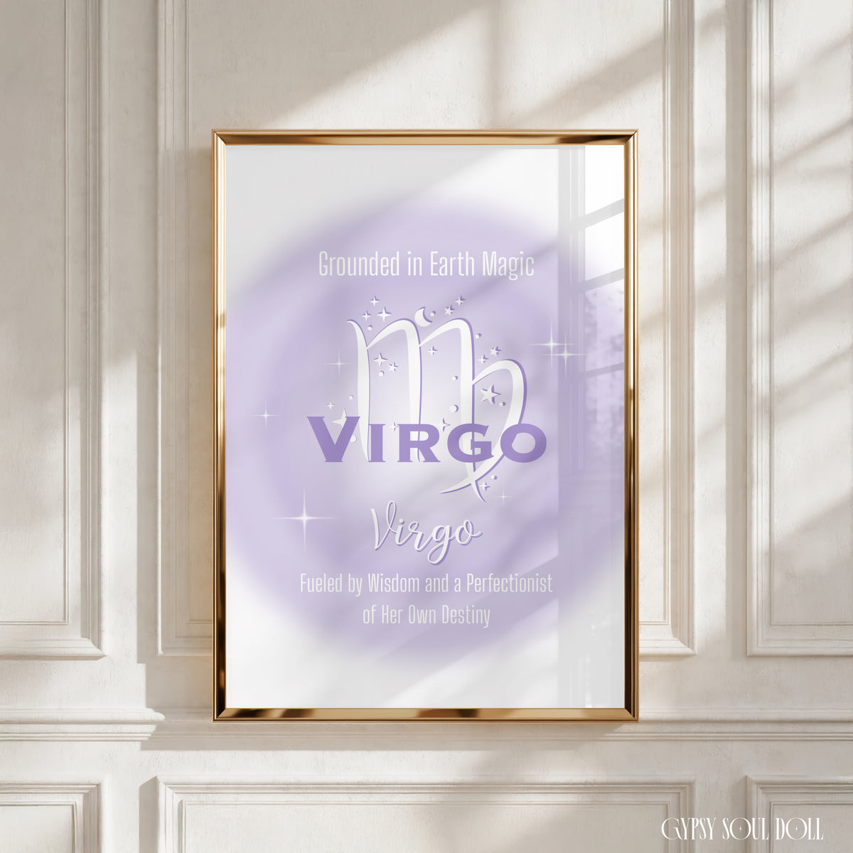A4 vertical art print featuring a soft lavender central aura gradient glow with white astrological glyphs, celestial star graphics, and typewriter-style text reading Grounded in Earth Magic and Fueled by Wisdom and a Perfectionist of Her Own Destiny centred over a white backdrop without punctuation.