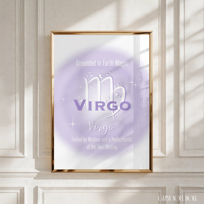 A4 vertical art print featuring a soft lavender central aura gradient glow with white astrological glyphs, celestial star graphics, and typewriter-style text reading Grounded in Earth Magic and Fueled by Wisdom and a Perfectionist of Her Own Destiny centred over a white backdrop without punctuation.