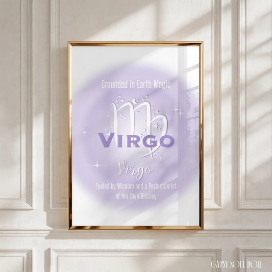 A4 vertical art print featuring a soft lavender central aura gradient glow with white astrological glyphs, celestial star graphics, and typewriter-style text reading Grounded in Earth Magic and Fueled by Wisdom and a Perfectionist of Her Own Destiny centred over a white backdrop without punctuation.