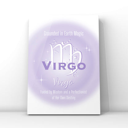 A4 vertical art print featuring a soft lavender central aura gradient glow with white astrological glyphs, celestial star graphics, and typewriter-style text reading Grounded in Earth Magic and Fueled by Wisdom and a Perfectionist of Her Own Destiny centred over a white backdrop without punctuation.