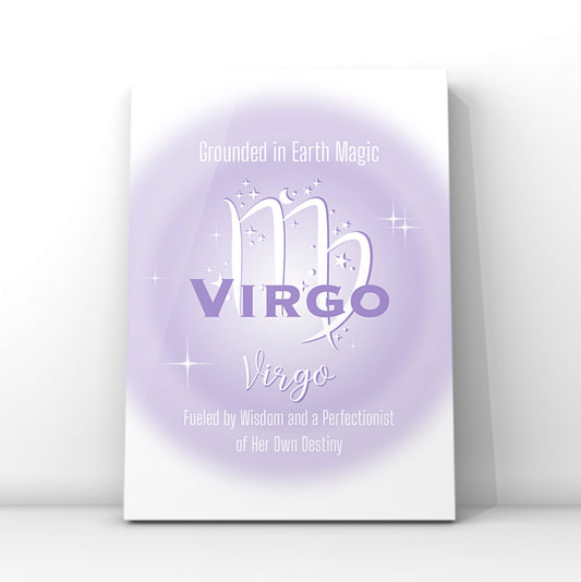 A4 vertical art print featuring a soft lavender central aura gradient glow with white astrological glyphs, celestial star graphics, and typewriter-style text reading Grounded in Earth Magic and Fueled by Wisdom and a Perfectionist of Her Own Destiny centred over a white backdrop without punctuation.