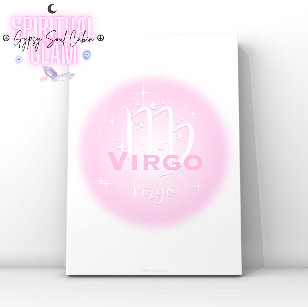 Minimalist aesthetic pink aura print featuring the Virgo zodiac maiden glyph centred with celestial stars and Y2K sparkles.