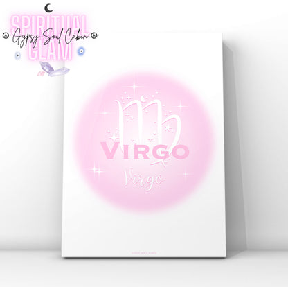 Minimalist aesthetic pink aura print featuring the Virgo zodiac maiden glyph centred with celestial stars and Y2K sparkles.