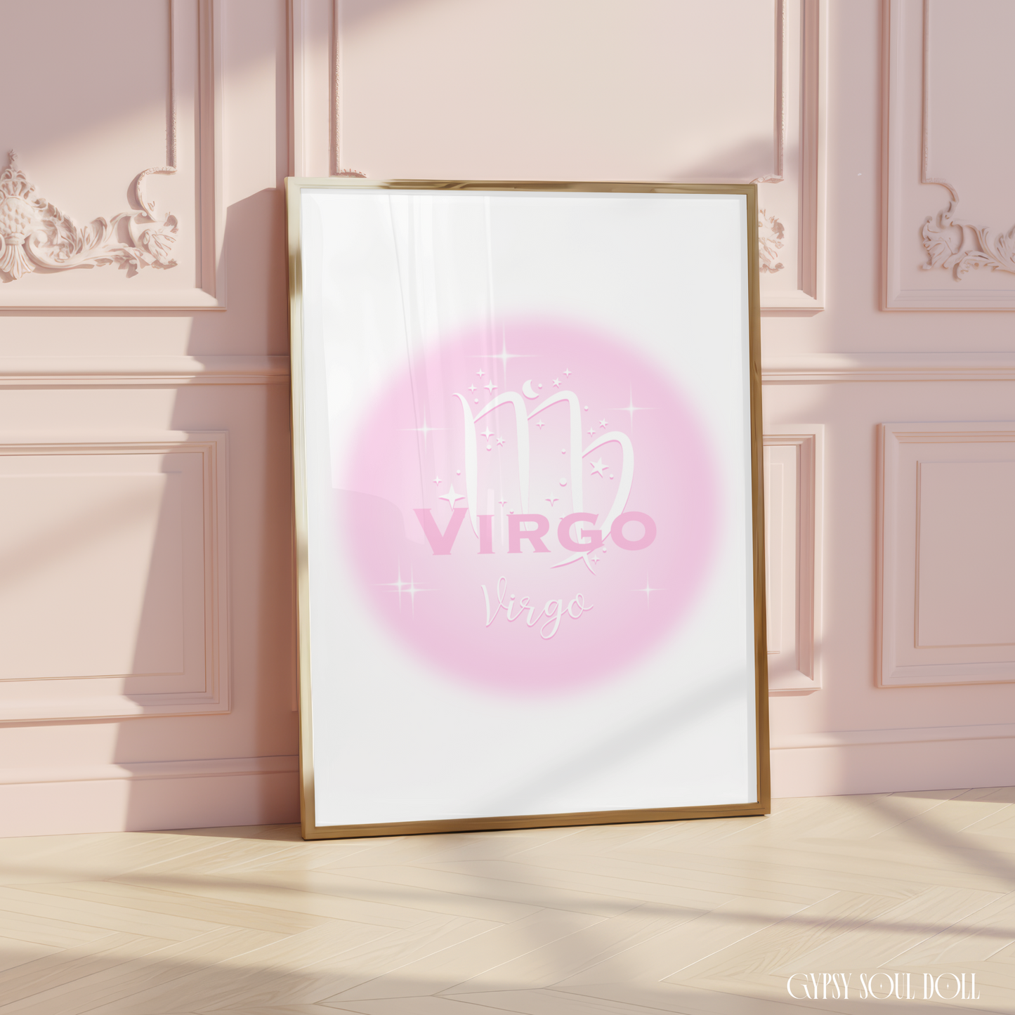 Minimalist aesthetic pink aura print featuring the Virgo zodiac maiden glyph centred with celestial stars and Y2K sparkles.