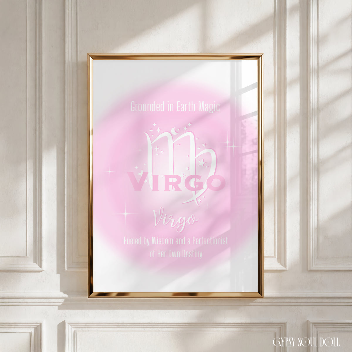 A4 vertical art print featuring a soft pink central aura gradient glow with white astrological glyphs, celestial star graphics, and typewriter-style text reading Grounded in Earth Magic and Fueled by Wisdom and a Perfectionist of Her Own Destiny centred over a white backdrop.