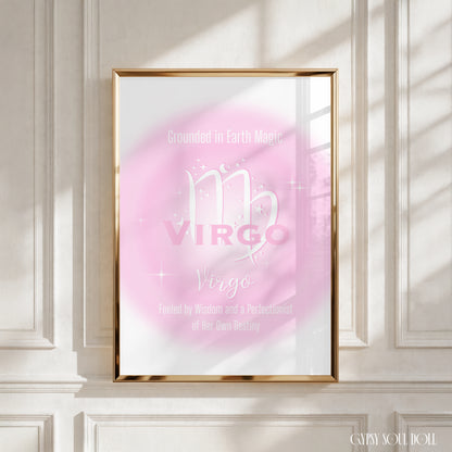A4 vertical art print featuring a soft pink central aura gradient glow with white astrological glyphs, celestial star graphics, and typewriter-style text reading Grounded in Earth Magic and Fueled by Wisdom and a Perfectionist of Her Own Destiny centred over a white backdrop.