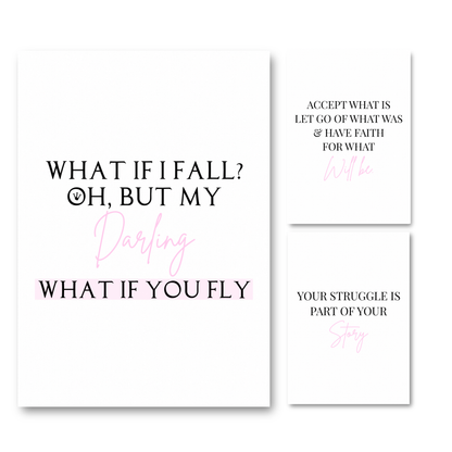 Set of three minimalist black and white typography prints featuring inspirational faith quotes, pink script elements, and independent doll motivation.