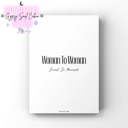 Minimalist white A4 empowerment print featuring the clean black typography text “Woman To Woman, Invest In Yourself” with a stylised script accent.
