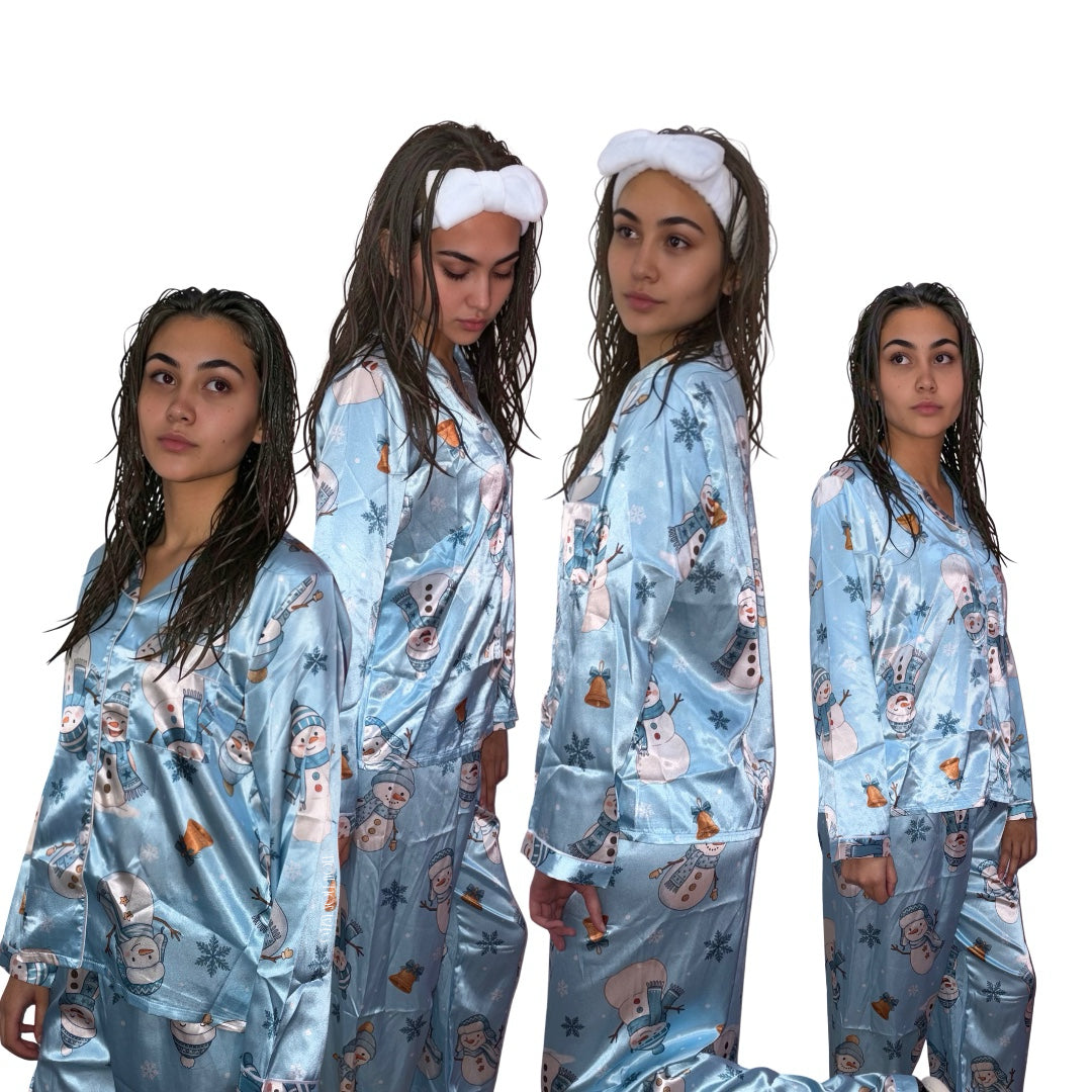 Lifestyle model collage showcasing a woman with damp hair wearing a luxurious ice blue snowman pattern loungewear pyjamas set from multiple angles.