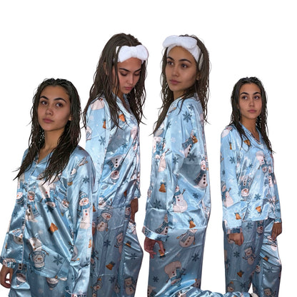 Lifestyle model collage showcasing a woman with damp hair wearing a luxurious ice blue snowman pattern loungewear pyjamas set from multiple angles.