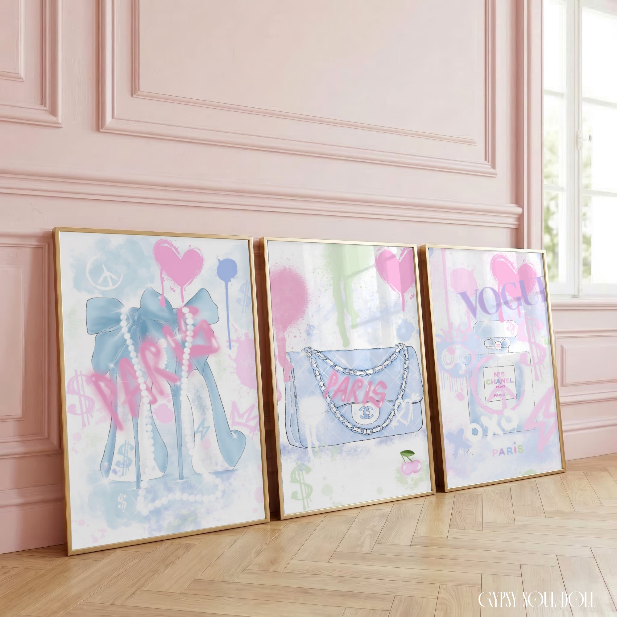 Set of three Y2K-inspired streetwear fashion prints featuring designer high heels, a quilted handbag, and a luxury perfume bottle layered with pink and blue graffiti spray paint art.