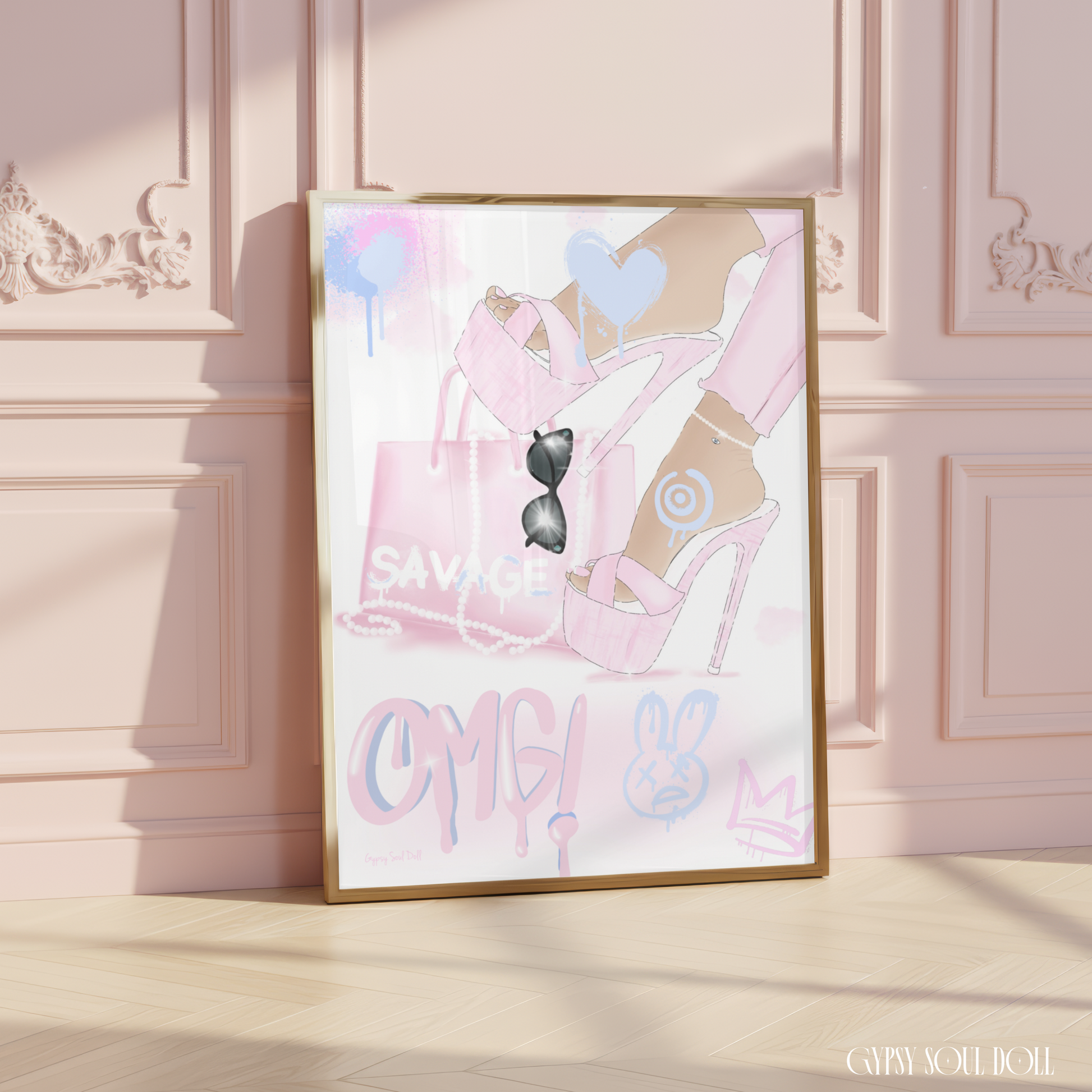 Trendy A4 aesthetic fashion print displaying pink platform high heels, a savage tote bag, a blue target symbol on the ankle, blue spray paint hearts, a melting pink OMG tag, and a graffiti cartoon bunny illustration.