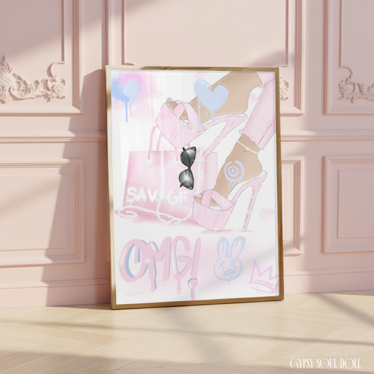 Trendy A4 aesthetic fashion print displaying pink platform high heels, a savage tote bag, a blue target symbol on the ankle, blue spray paint hearts, a melting pink OMG tag, and a graffiti cartoon bunny illustration.