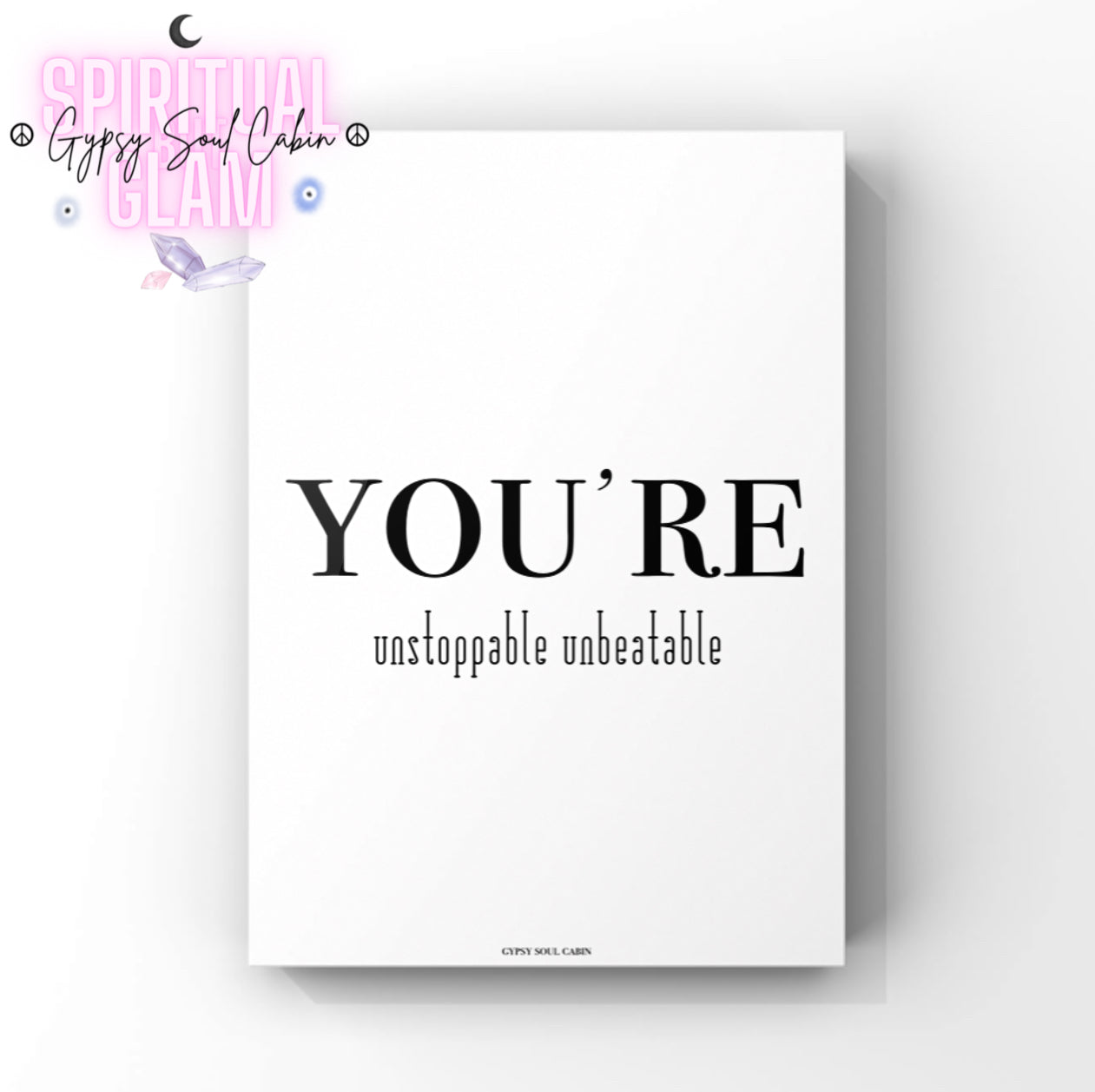 Minimalist A4 black and white typography print displaying the empowering modern mindset words You Are Unstoppable Unbeatable, centred on a white background.