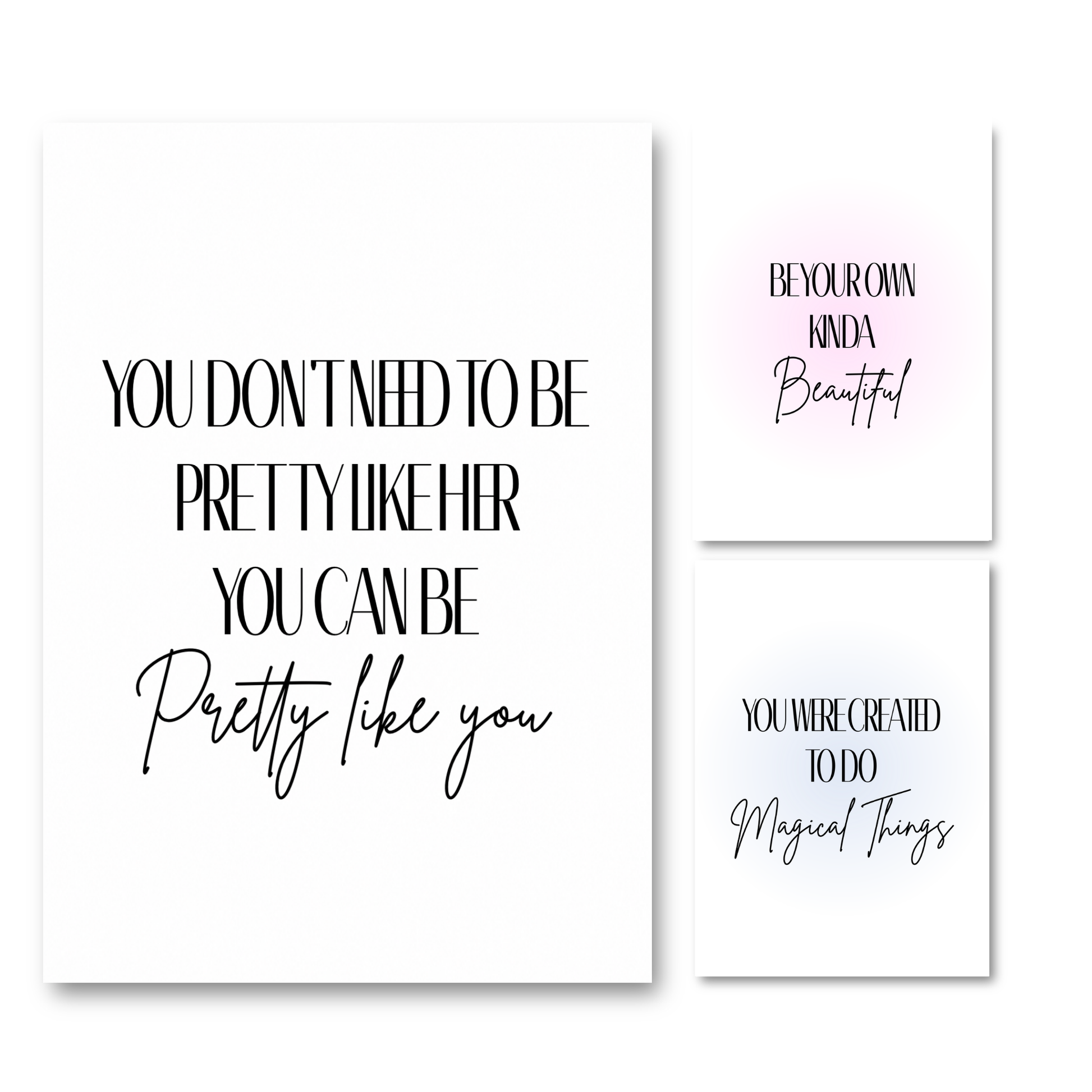 Set of three minimalist black and white typography prints featuring self-love quotes with soft pink and blue pastel gradient backgrounds.