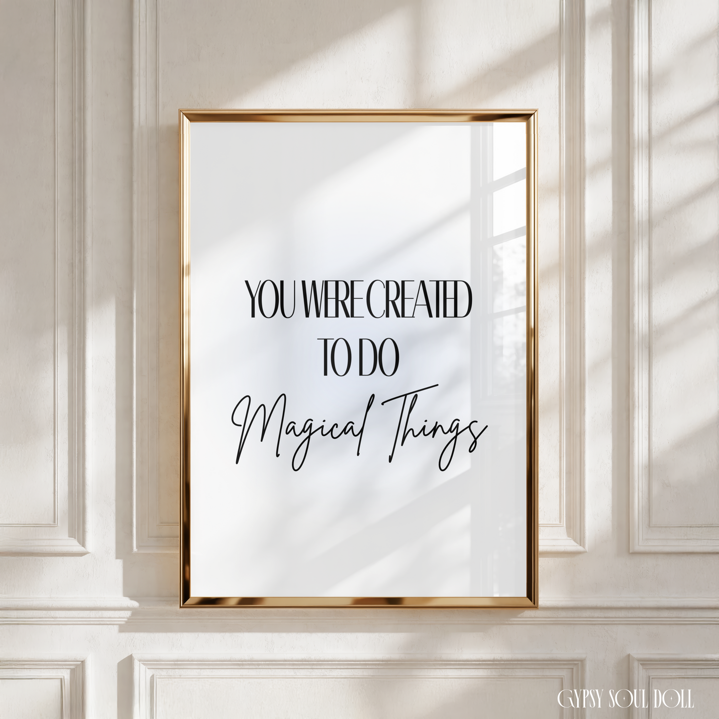 Independent girl boss typography quote poster displaying the text You Were Created To Do Magical Things over a soft blue and purple pastel gradient background.