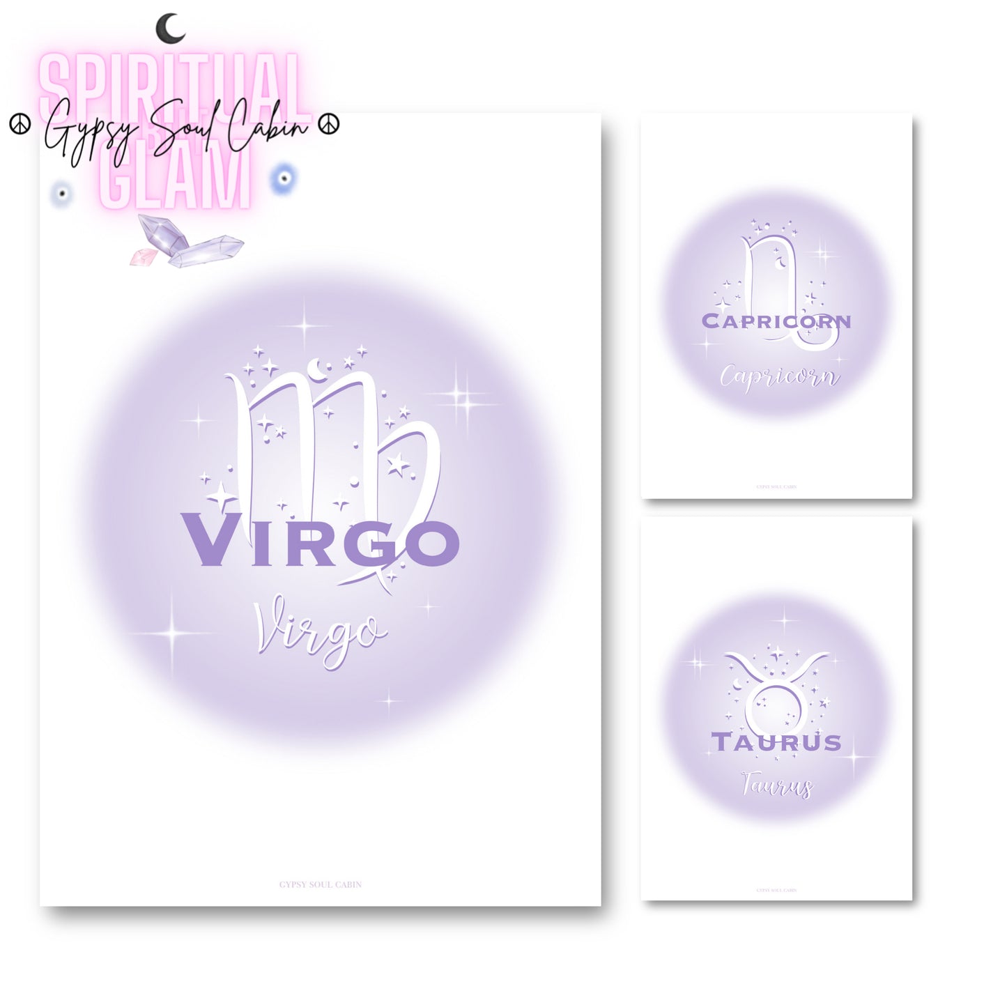 Set of three high-vibe pastel purple gradient aura typography prints, including Virgo, Capricorn, and Taurus zodiac signs.