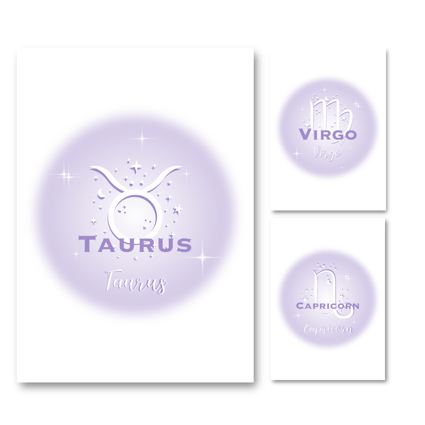 Set of three high-vibe pastel purple gradient aura typography prints, including Virgo, Capricorn, and Taurus zodiac signs.