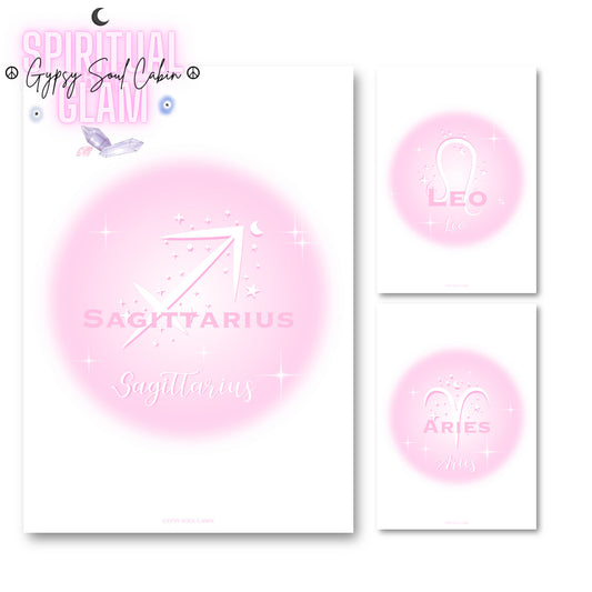Set of three high-vibe pastel pink gradient aura typography prints, including Aries, Leo, and Sagittarius zodiac signs.