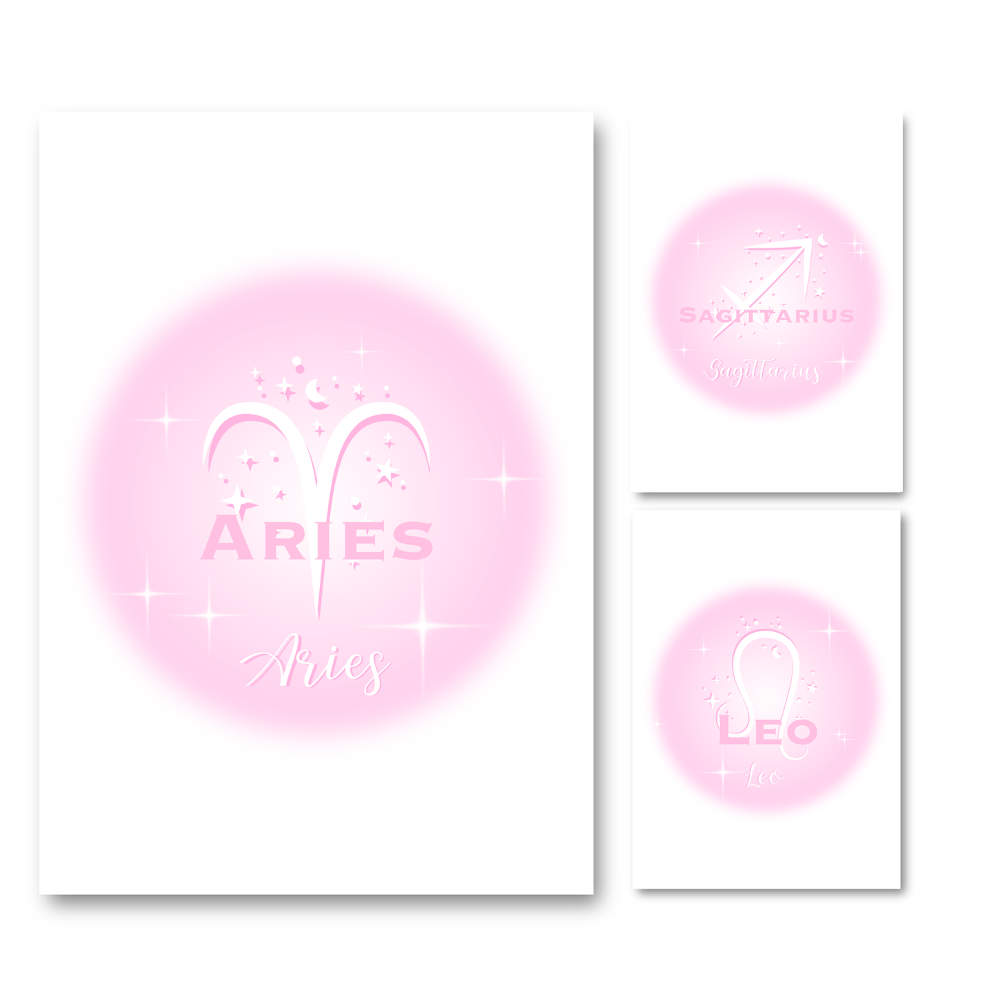 Set of three high-vibe pastel pink gradient aura typography prints, including Aries, Leo, and Sagittarius zodiac signs.