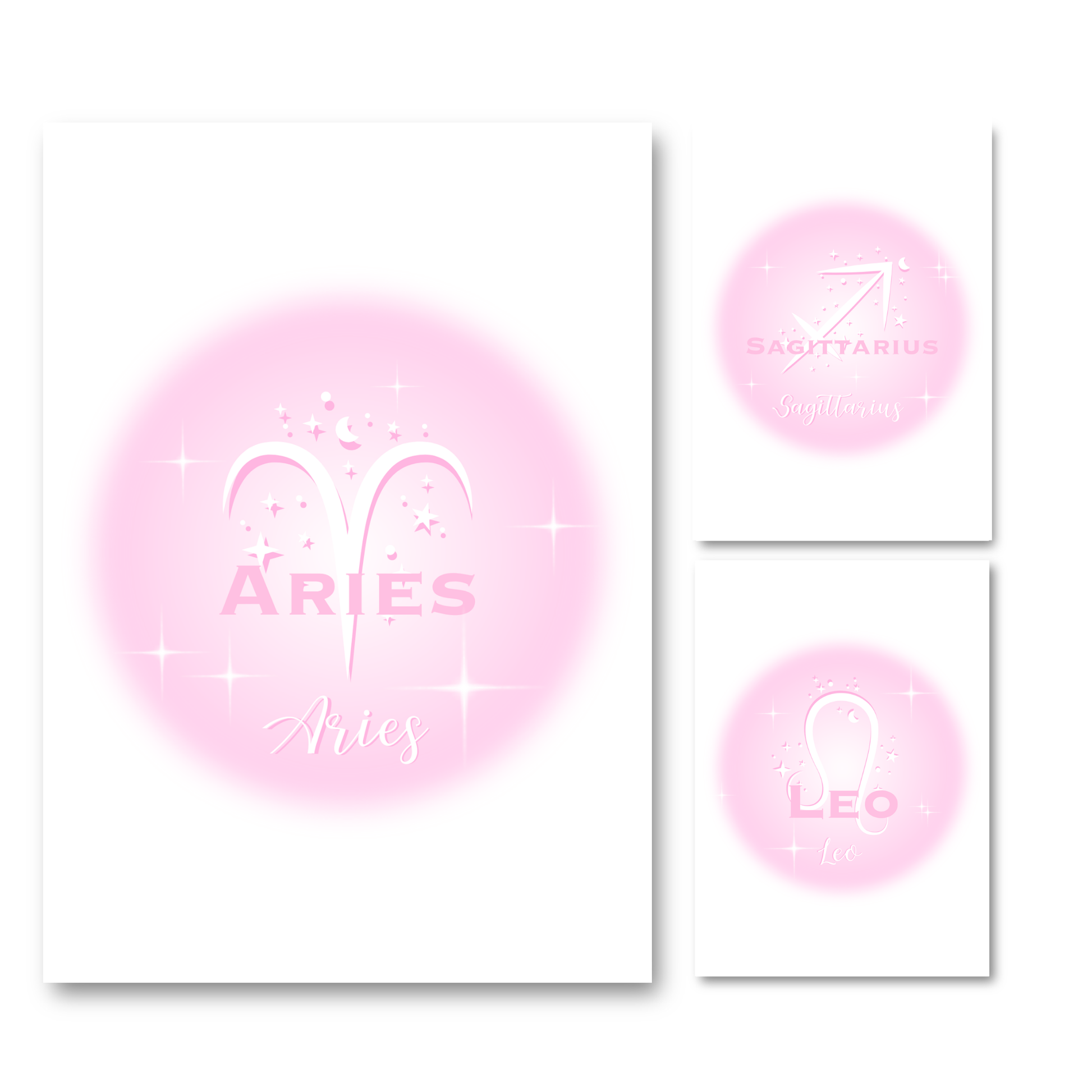 Set of three high-vibe pastel pink gradient aura typography prints, including Aries, Leo, and Sagittarius zodiac signs.