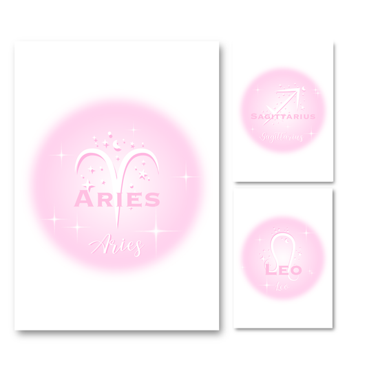 Set of three high-vibe pastel pink gradient aura typography prints, including Aries, Leo, and Sagittarius zodiac signs.