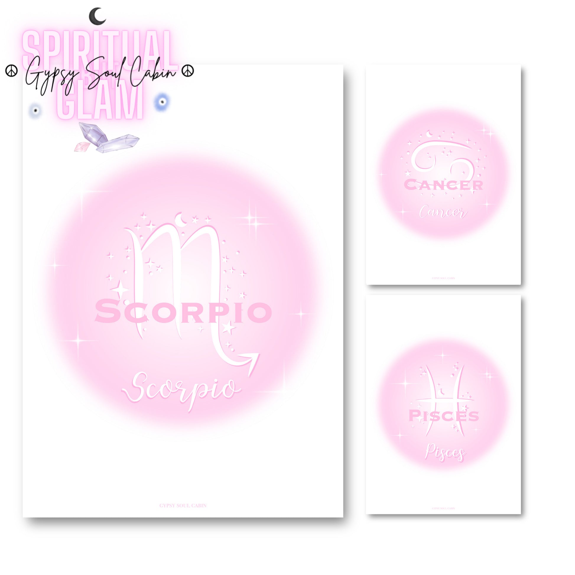 Coordinated collection of three pink gradient aura typography prints, including Scorpio, Cancer, and Pisces zodiac signs under a Spiritual Glam banner.