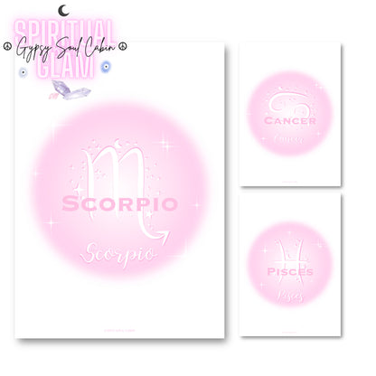 Coordinated collection of three pink gradient aura typography prints, including Scorpio, Cancer, and Pisces zodiac signs under a Spiritual Glam banner.