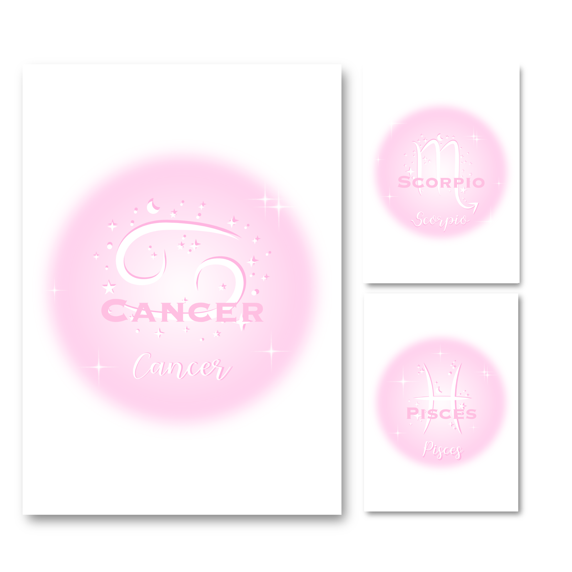 Coordinated collection of three pink gradient aura typography prints, including Scorpio, Cancer, and Pisces zodiac signs.