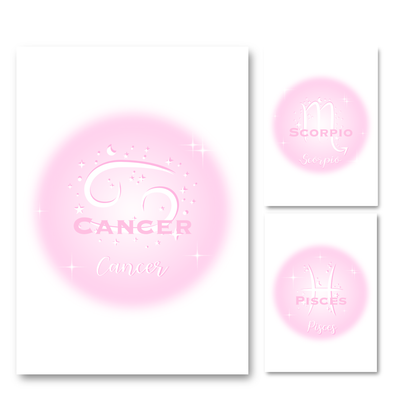 Coordinated collection of three pink gradient aura typography prints, including Scorpio, Cancer, and Pisces zodiac signs.