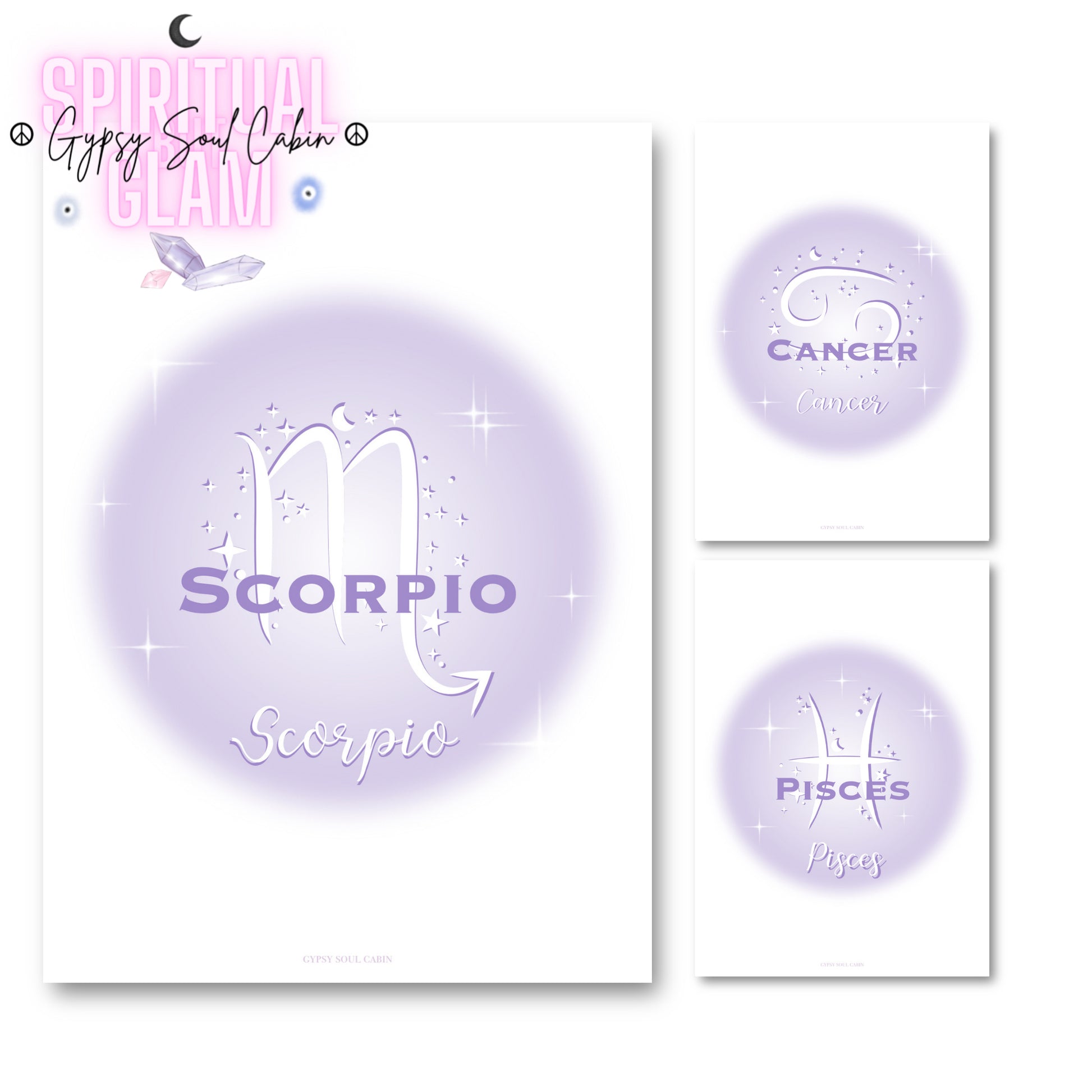 Set of three minimalist typography prints featuring Scorpio, Cancer, and Pisces zodiac signs over a pastel purple gradient aura background with star sparkles.
