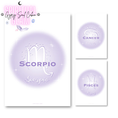 Set of three minimalist typography prints featuring Scorpio, Cancer, and Pisces zodiac signs over a pastel purple gradient aura background with star sparkles.