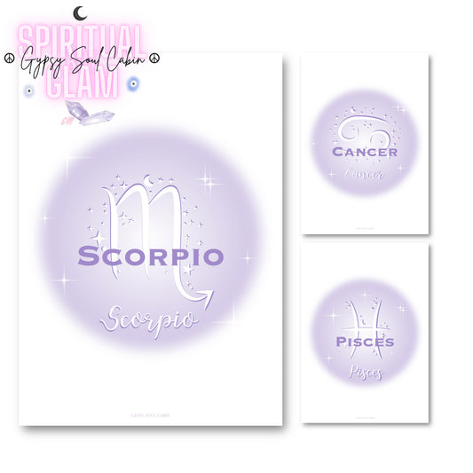 Set of three minimalist typography prints featuring Scorpio, Cancer, and Pisces zodiac signs over a pastel purple gradient aura background with star sparkles.