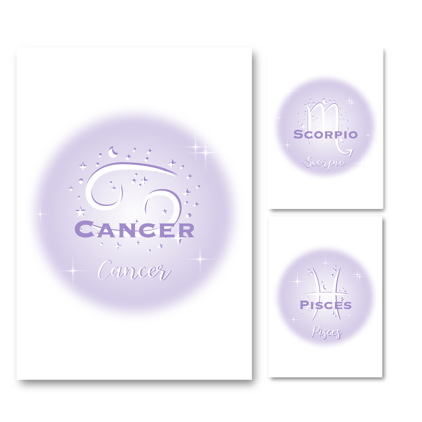 Set of three minimalist typography prints featuring Scorpio, Cancer, and Pisces zodiac signs over a pastel purple gradient aura background with star sparkles.