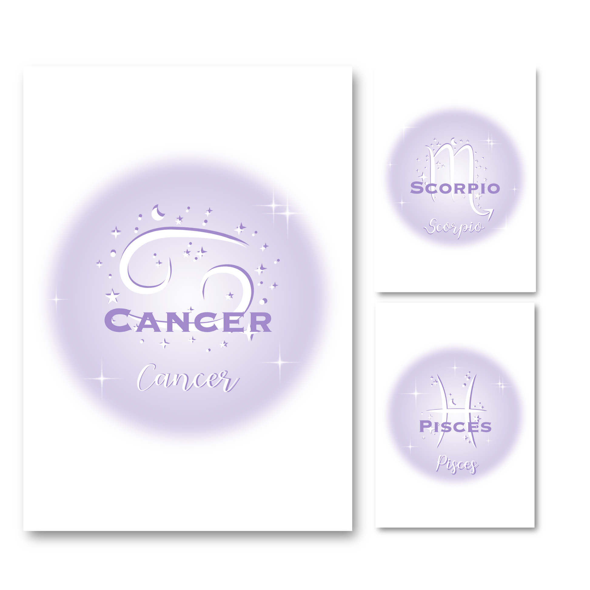 Set of three minimalist typography prints featuring Scorpio, Cancer, and Pisces zodiac signs over a pastel purple gradient aura background with star sparkles.
