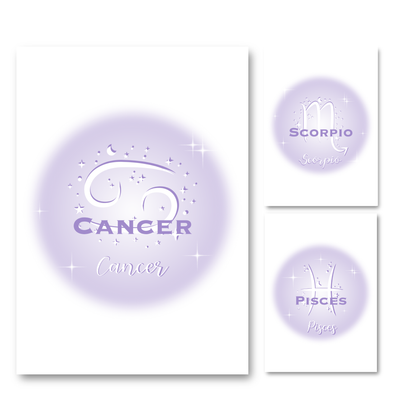 Set of three minimalist typography prints featuring Scorpio, Cancer, and Pisces zodiac signs over a pastel purple gradient aura background with star sparkles.
